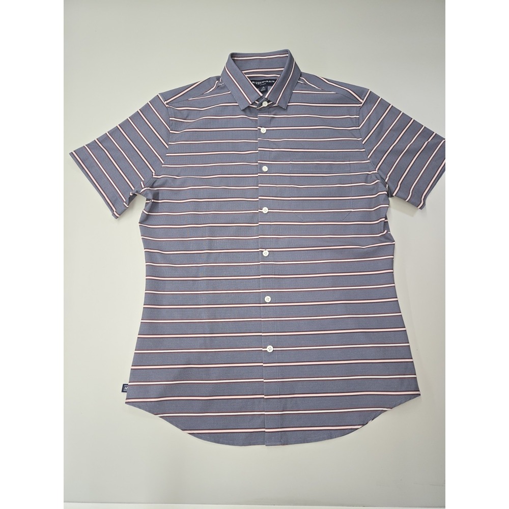 Mizzen+Main Men's Short Sleeve Button Up Shirt Gray Red White Stripe Size Small‎